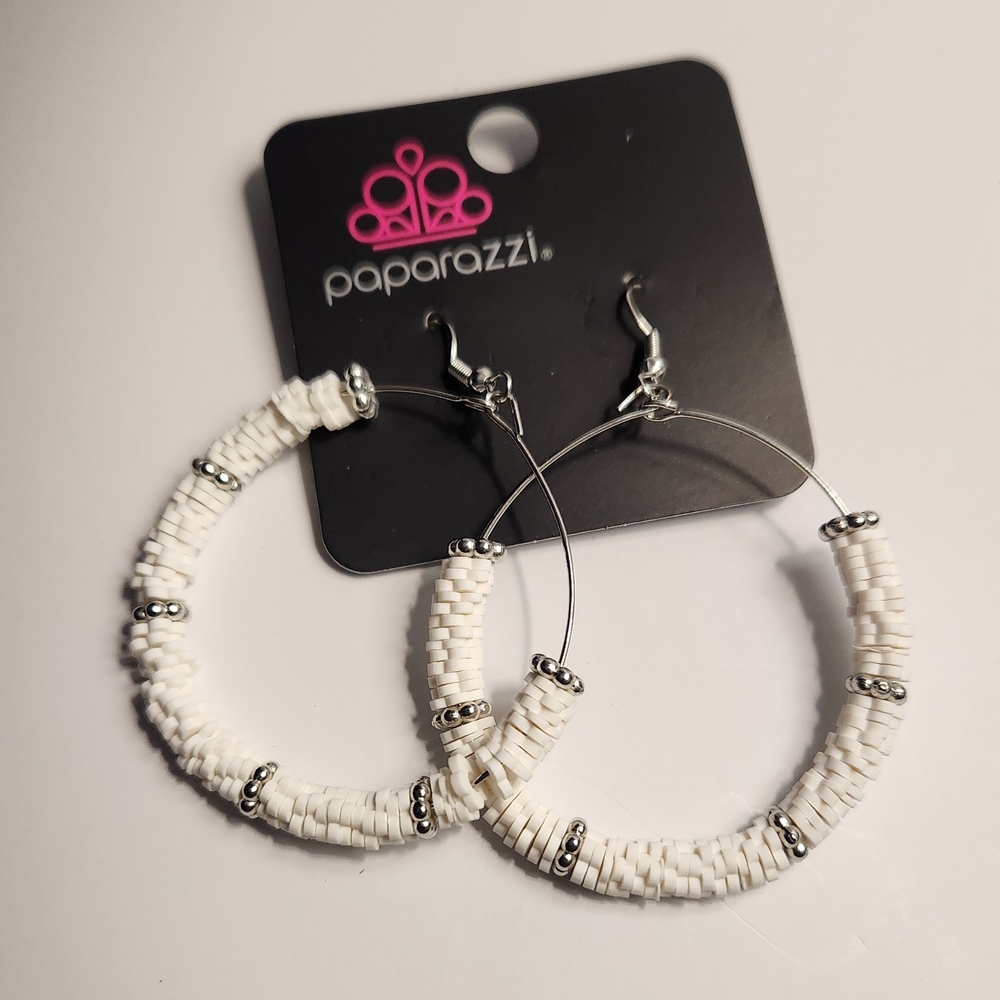 Paparazzi White and Silver Beaded Hoop Earrings